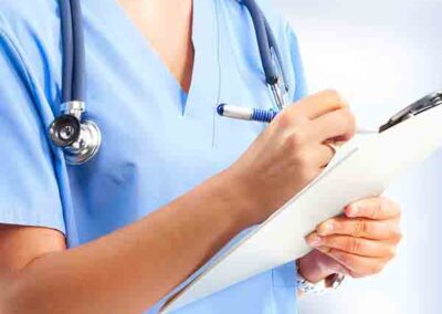 medical professional writing on clipboard